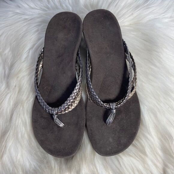 Vionic Ramba Metallic Braided Leather Wedge Thong Sandals Sz 8 - Picture 1 of 6